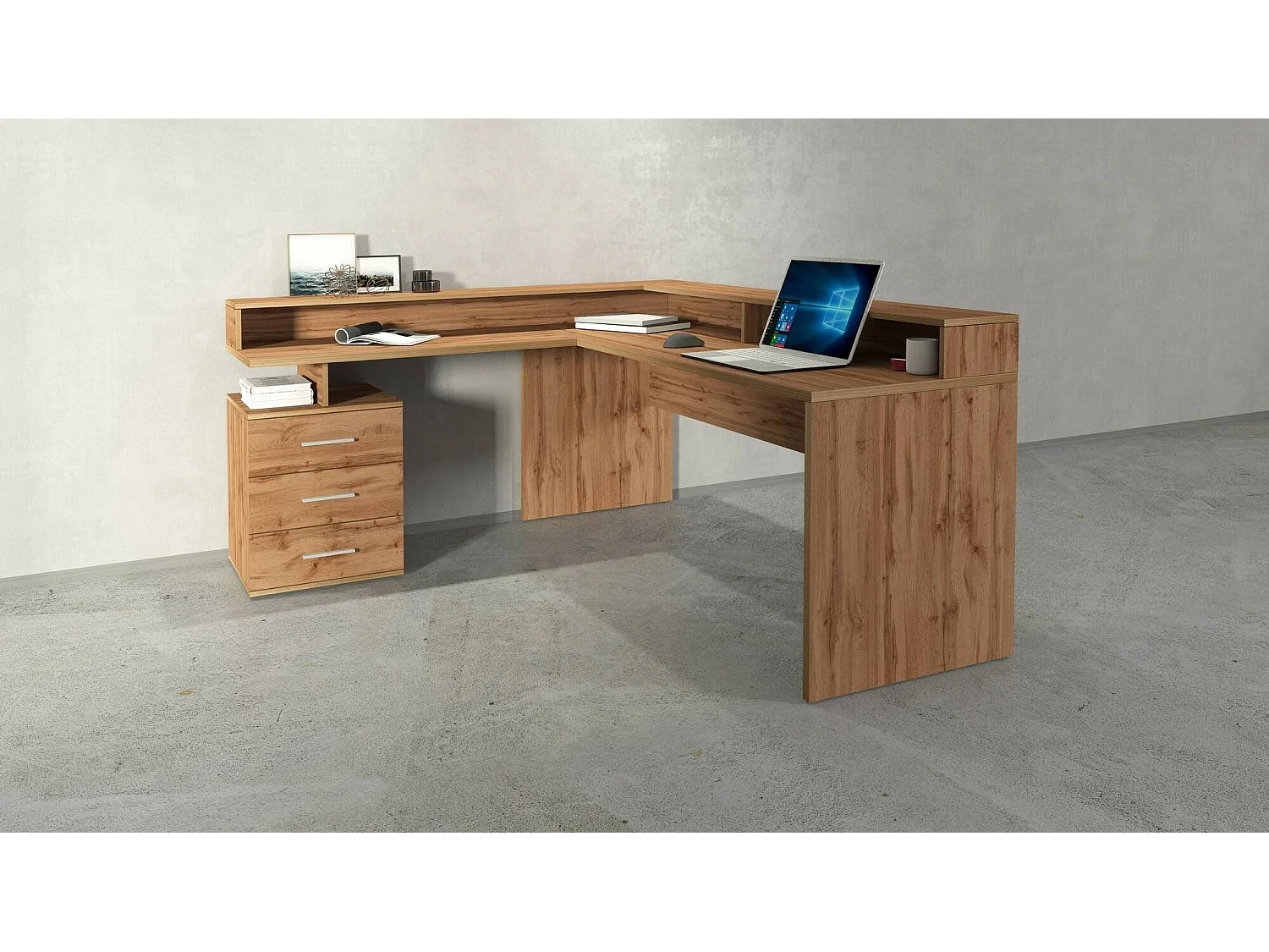 Dcerretell Bureau, Hoekbureau met Hendel, Multifunctioneel Bureau, 180x90h160 cm, Eiken