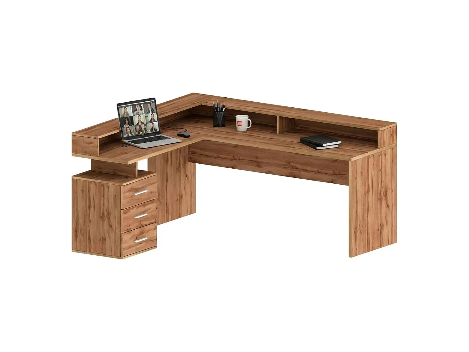 Bureau Salomone, Bureau d'angle avec plateau, Bureau polyvalent, 180x90h160 cm, Chêne