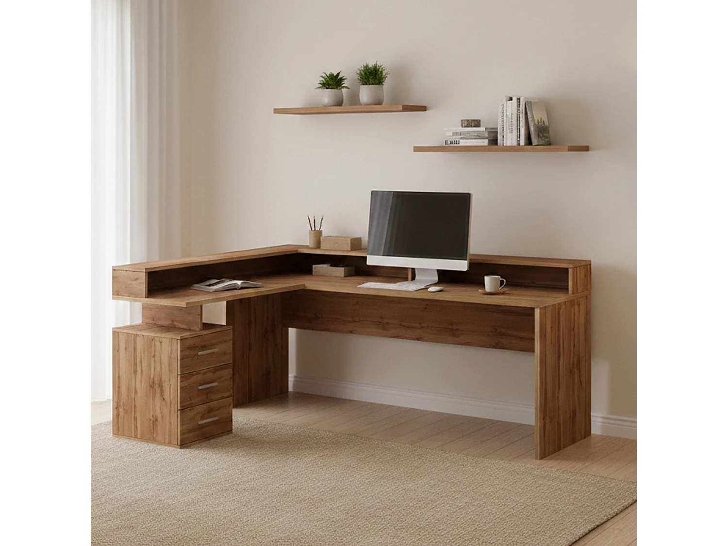 Bureau Salomone, Bureau d'angle avec plateau, Bureau polyvalent, 180x90h160 cm, Chêne