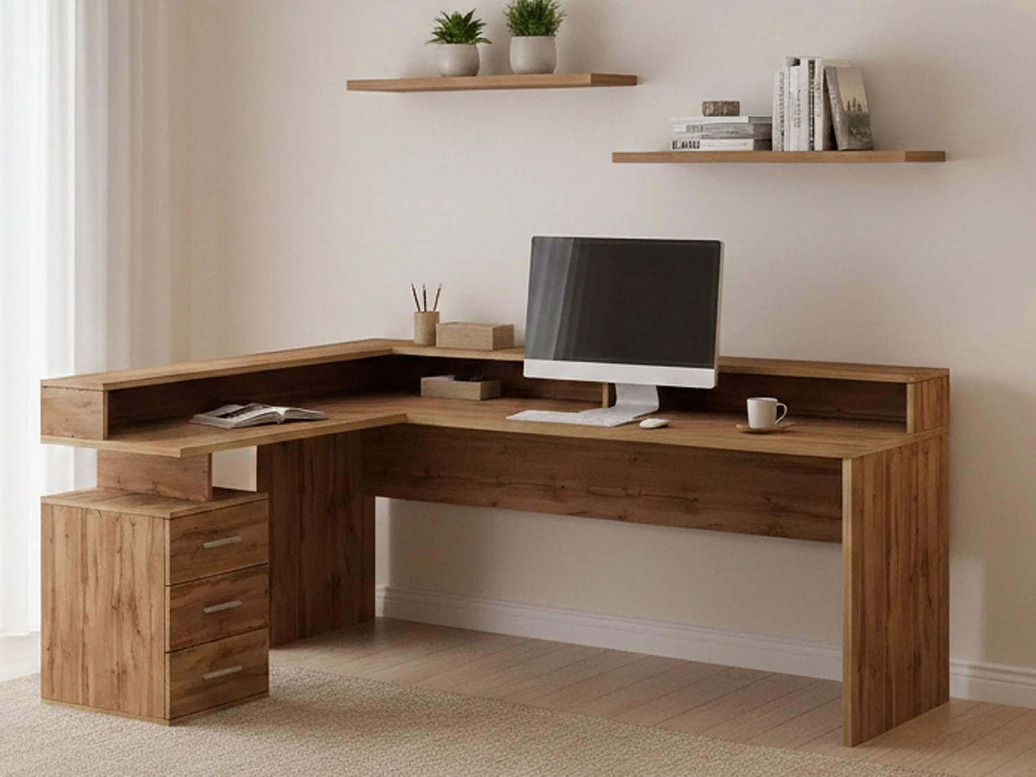 Bureau Salomone, Bureau d'angle avec plateau, Bureau polyvalent, 180x90h160 cm, Chêne