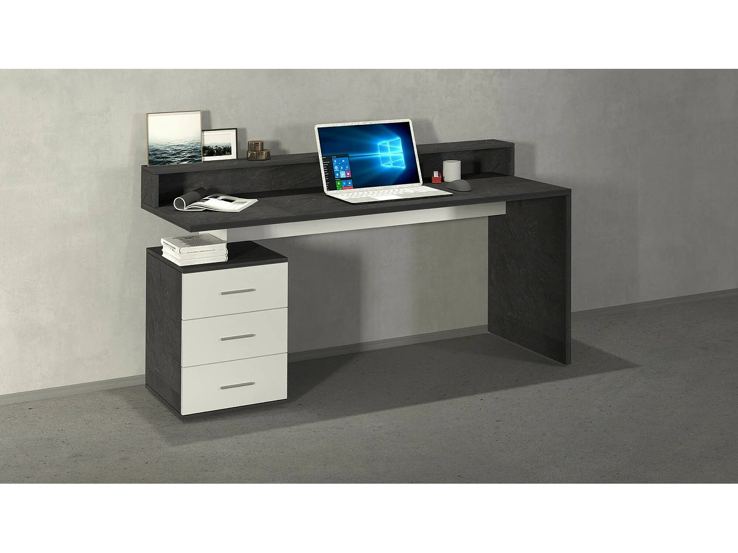 Bureau Alexandre, Bureau avec plateau et lampes LED, Bureau polyvalent, Bureau gain de place multi-positions, 160x60h90 cm, Blanc et Ardoise