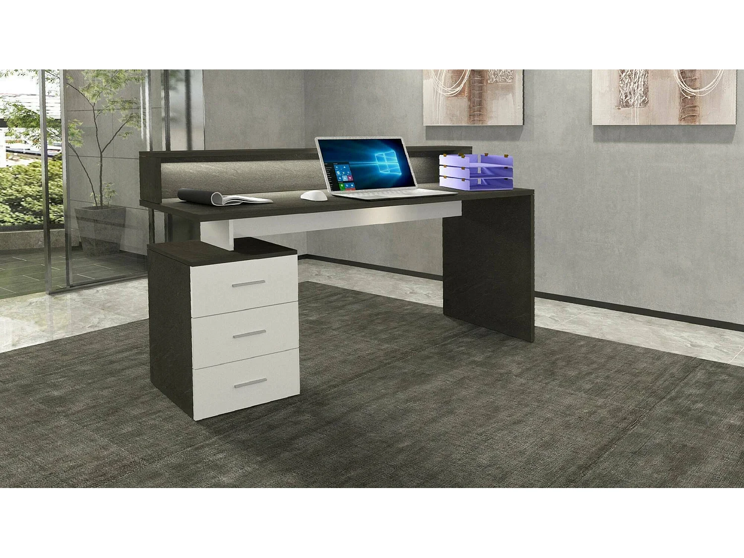 Dcaligar bureau, bureau met overhead en LED verlichting,Multifunctioneel bureau, ruimtever bureau, 160x60h90 cm, wit en leisteen