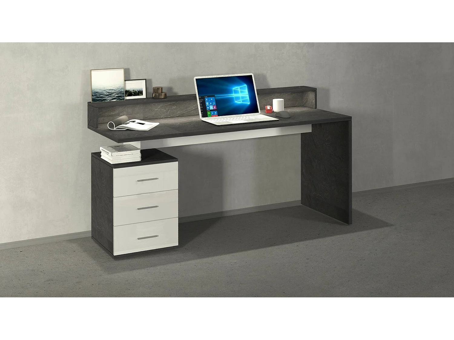 Dcaligar bureau, bureau met overhead en LED verlichting,Multifunctioneel bureau, ruimtever bureau, 160x60h90 cm, wit en leisteen