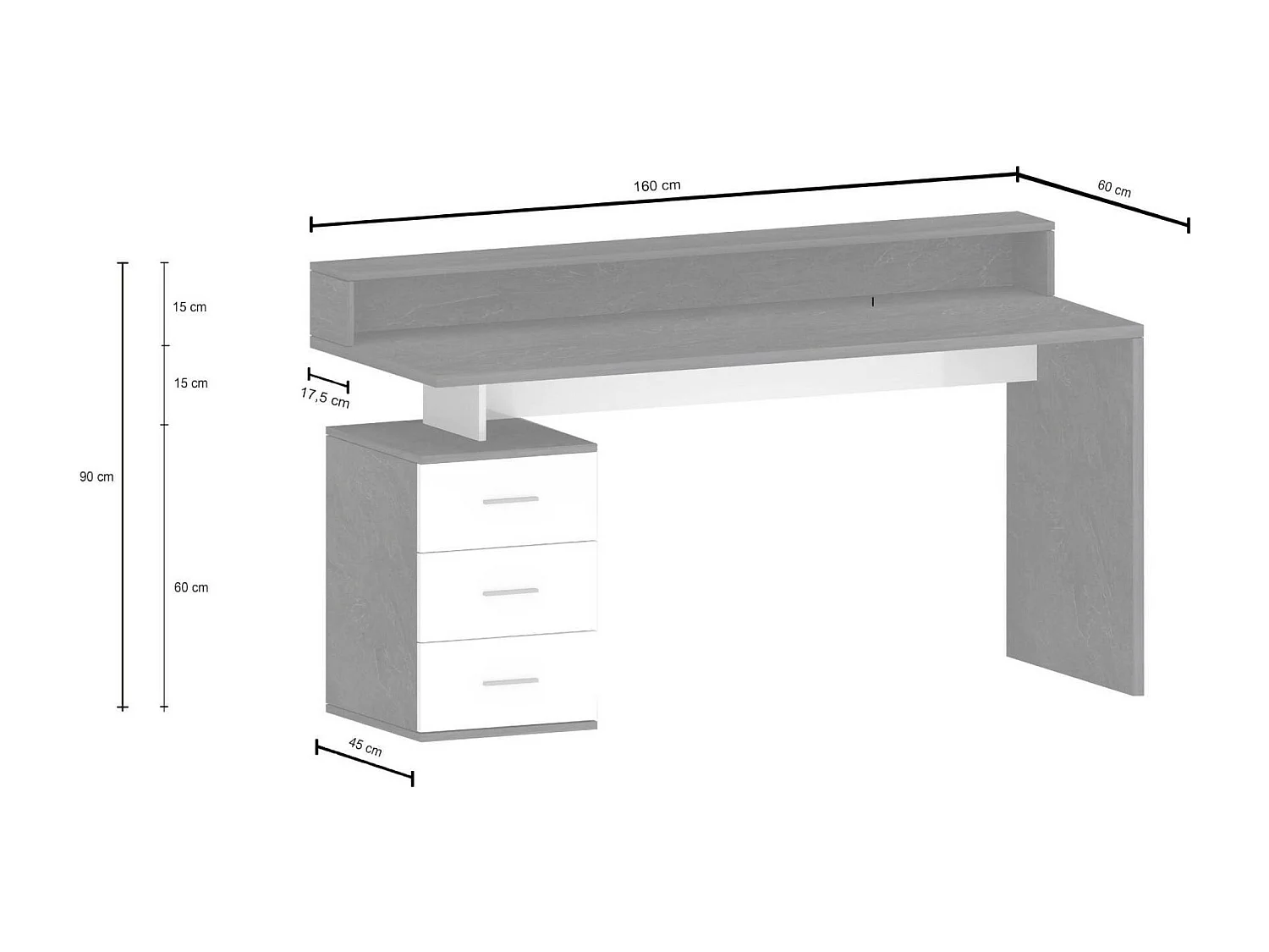 Bureau Alexandre, Bureau avec plateau et lampes LED, Bureau polyvalent, Bureau gain de place multi-positions, 160x60h90 cm, Blanc et Ardoise