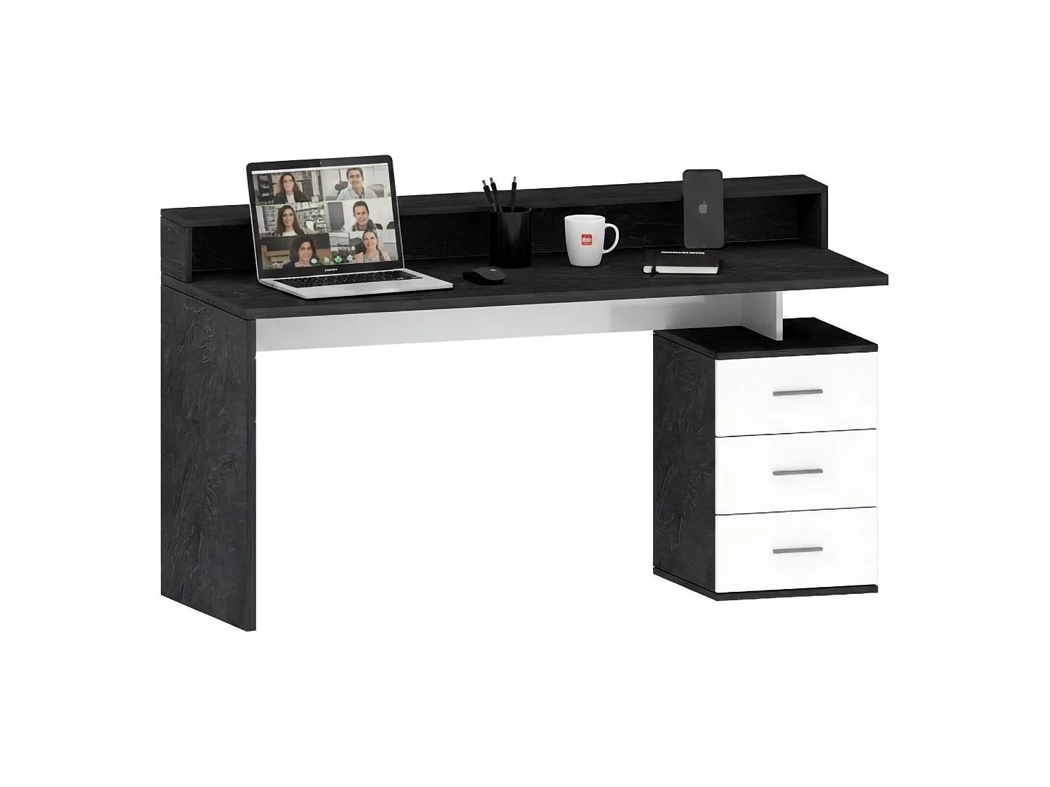 Bureau Alexandre, Bureau avec plateau et lampes LED, Bureau polyvalent, Bureau gain de place multi-positions, 160x60h90 cm, Blanc et Ardoise