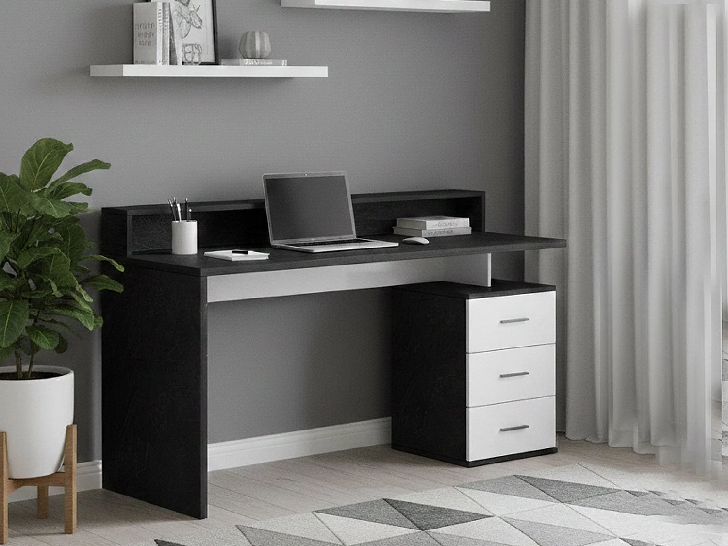 Bureau Alexandre, Bureau avec plateau et lampes LED, Bureau polyvalent, Bureau gain de place multi-positions, 160x60h90 cm, Blanc et Ardoise
