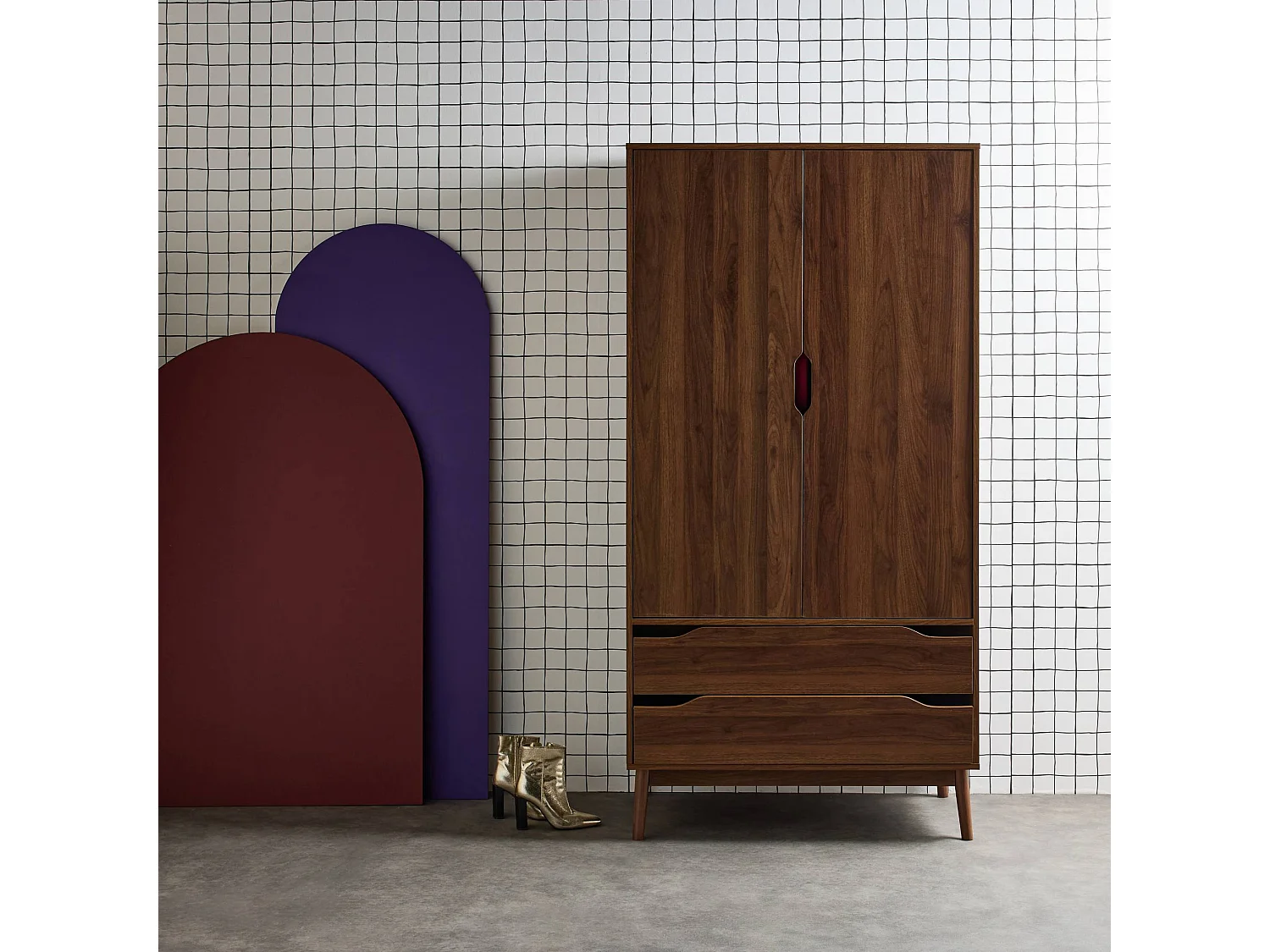 Armario vestidor vintage, decoración en madera, 2 puertas marrón