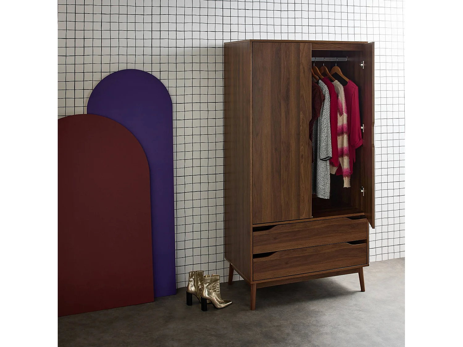 Armario vestidor vintage, decoración en madera, 2 puertas marrón