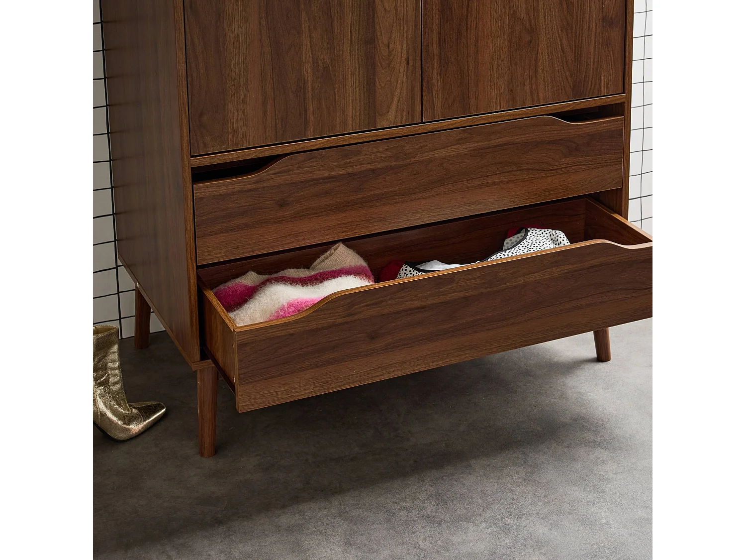Armario vestidor vintage, decoración en madera, 2 puertas marrón