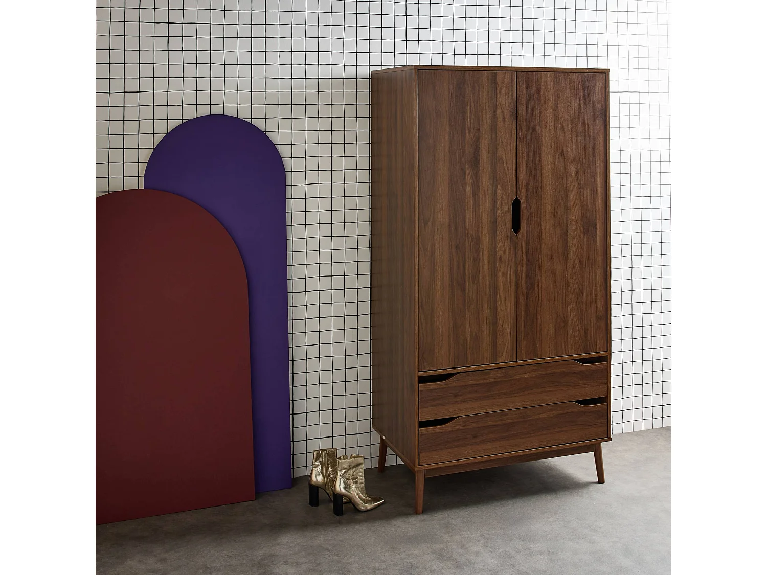 Armario vestidor vintage, decoración en madera, 2 puertas marrón