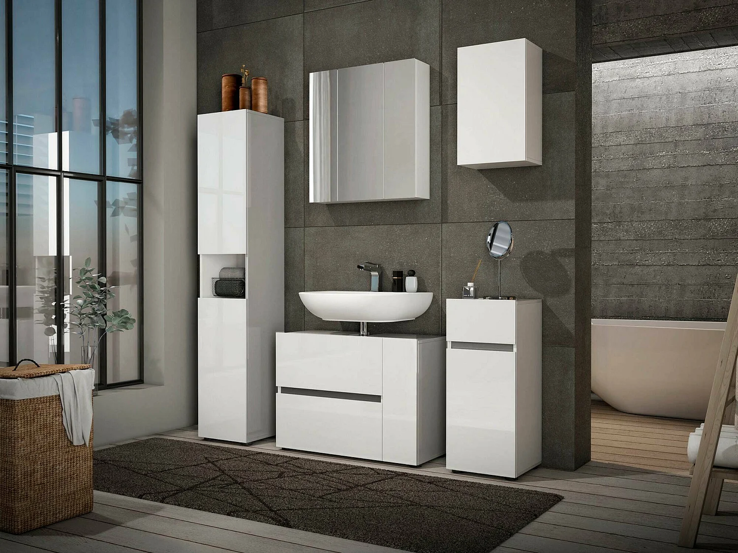 Armário de lavatório Dellertsso, Armário de banheiro, Armário de lavatório, Armário de lavatório, Made in Italy, Branco brilhante, 83x34h62 cm