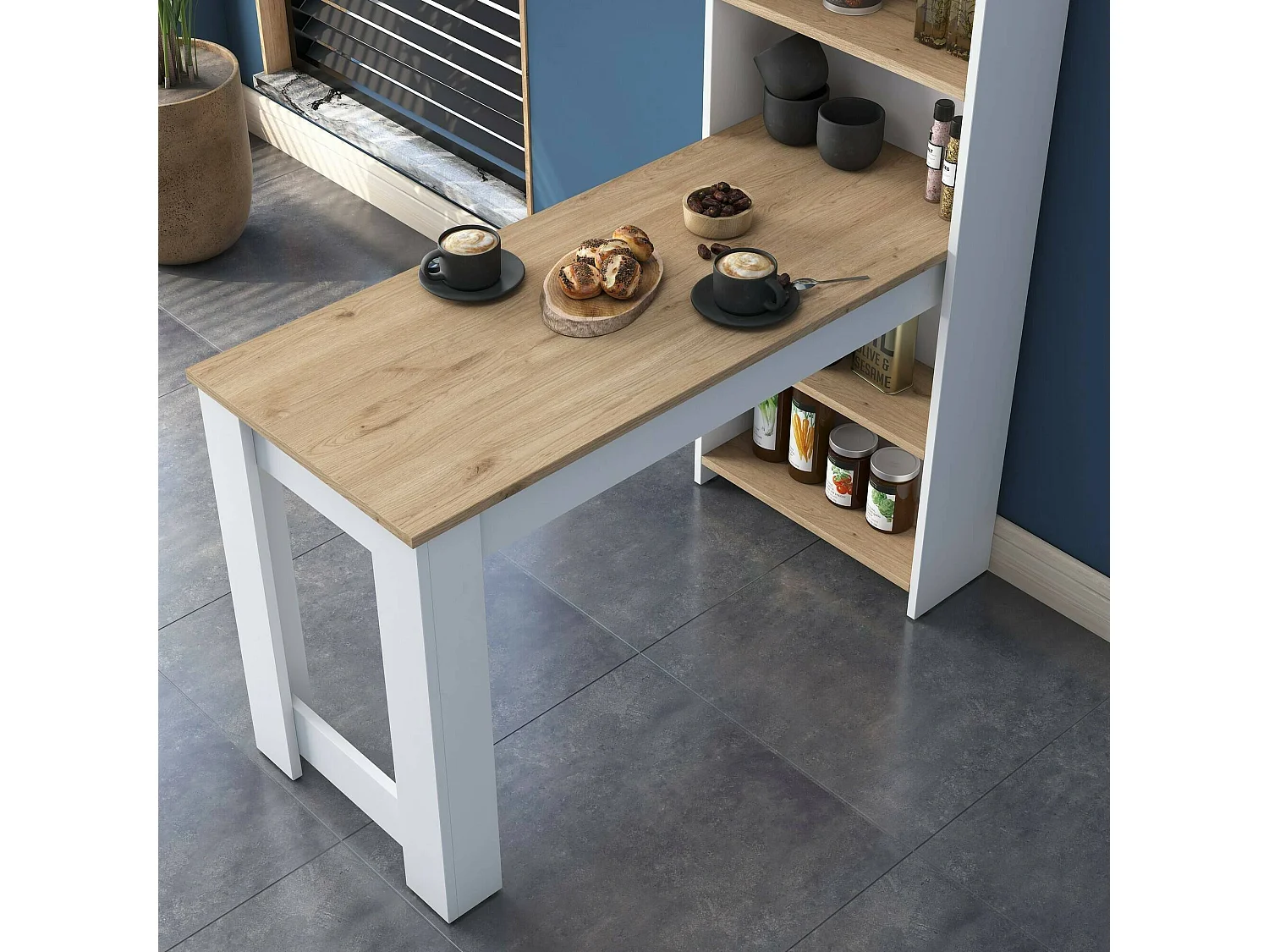 Table fixe Talitha, Etagère de cuisine, Consolle à manger, Tablette rectangulaire fixe, 120x54h154 cm, Noyer et Blanc