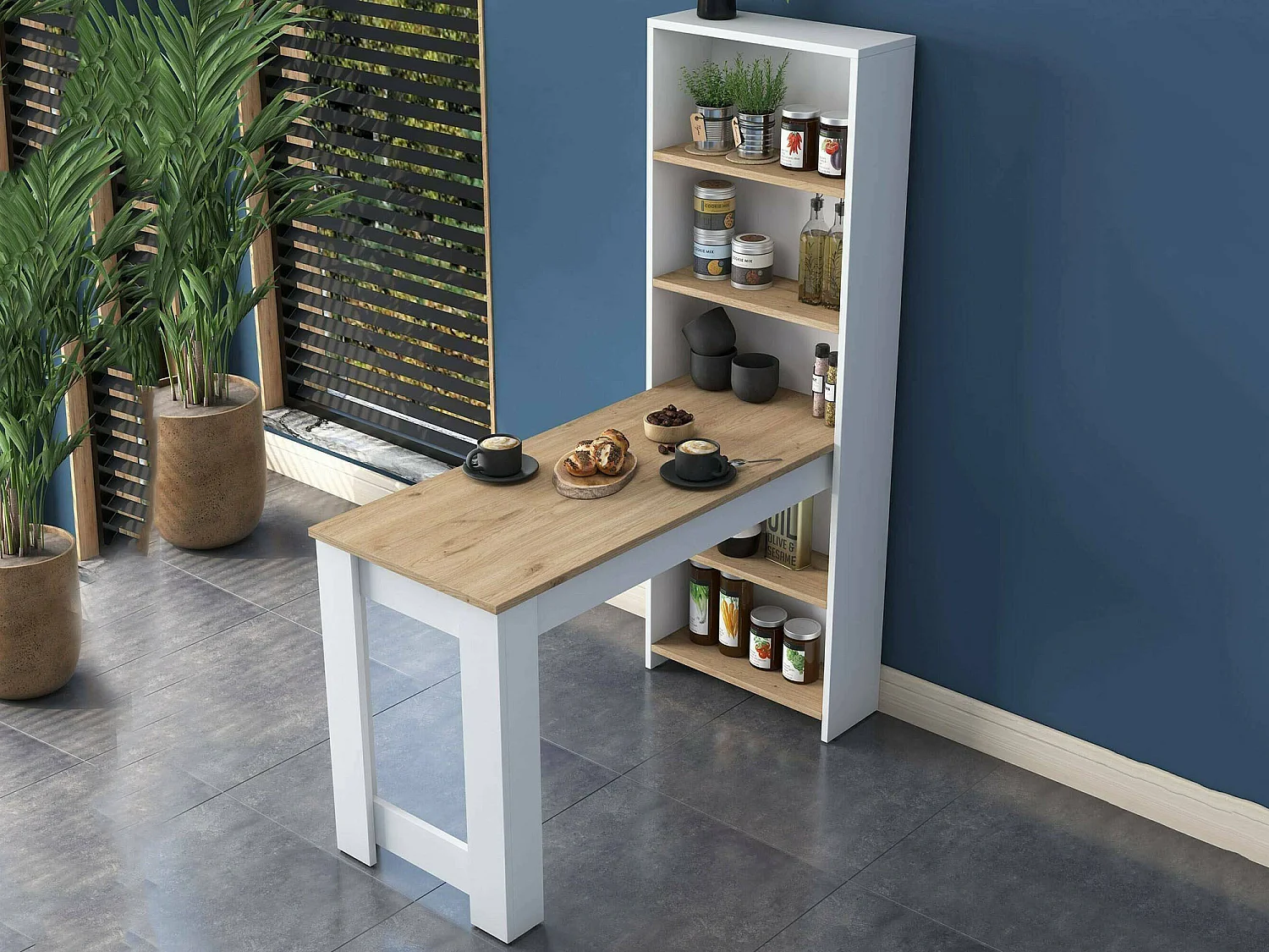 Mesa fixa Dpintaur, Prateleira de cozinha, ConsollE para sala de jantar, prateleira retangular fixa, 120x54h154 cm, nogueira e branco