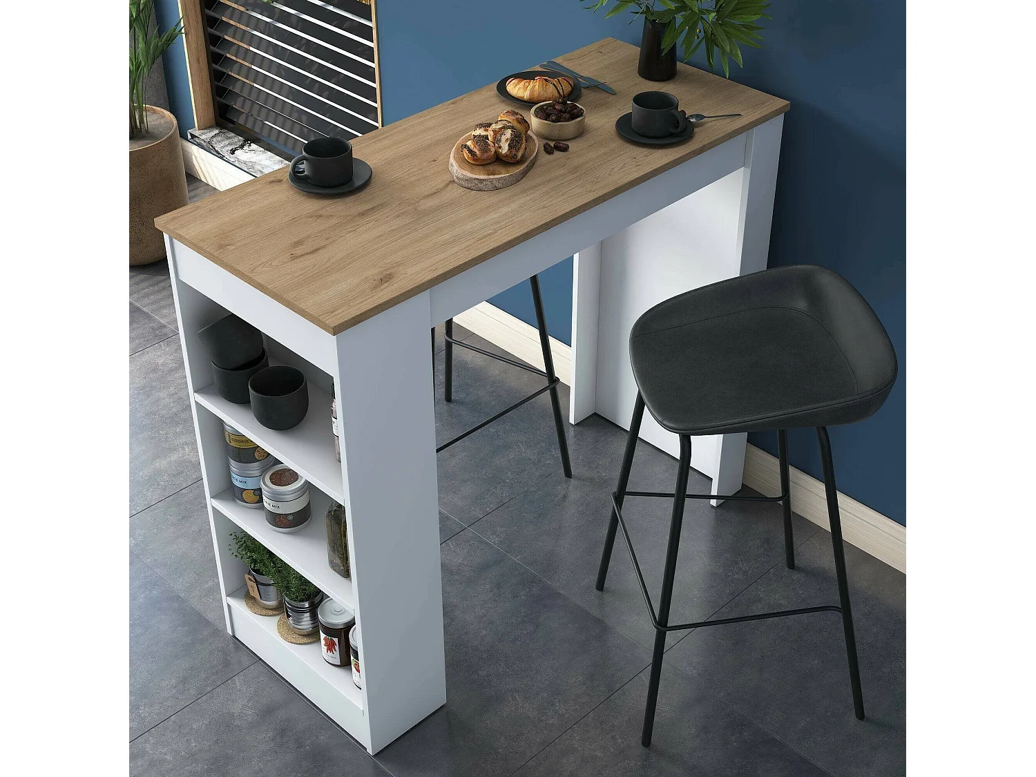 Table fixe Navi, Etagère de cuisine, Consolle à manger, Tablette rectangulaire fixe, 120x50h100 cm, Noyer et Blanc