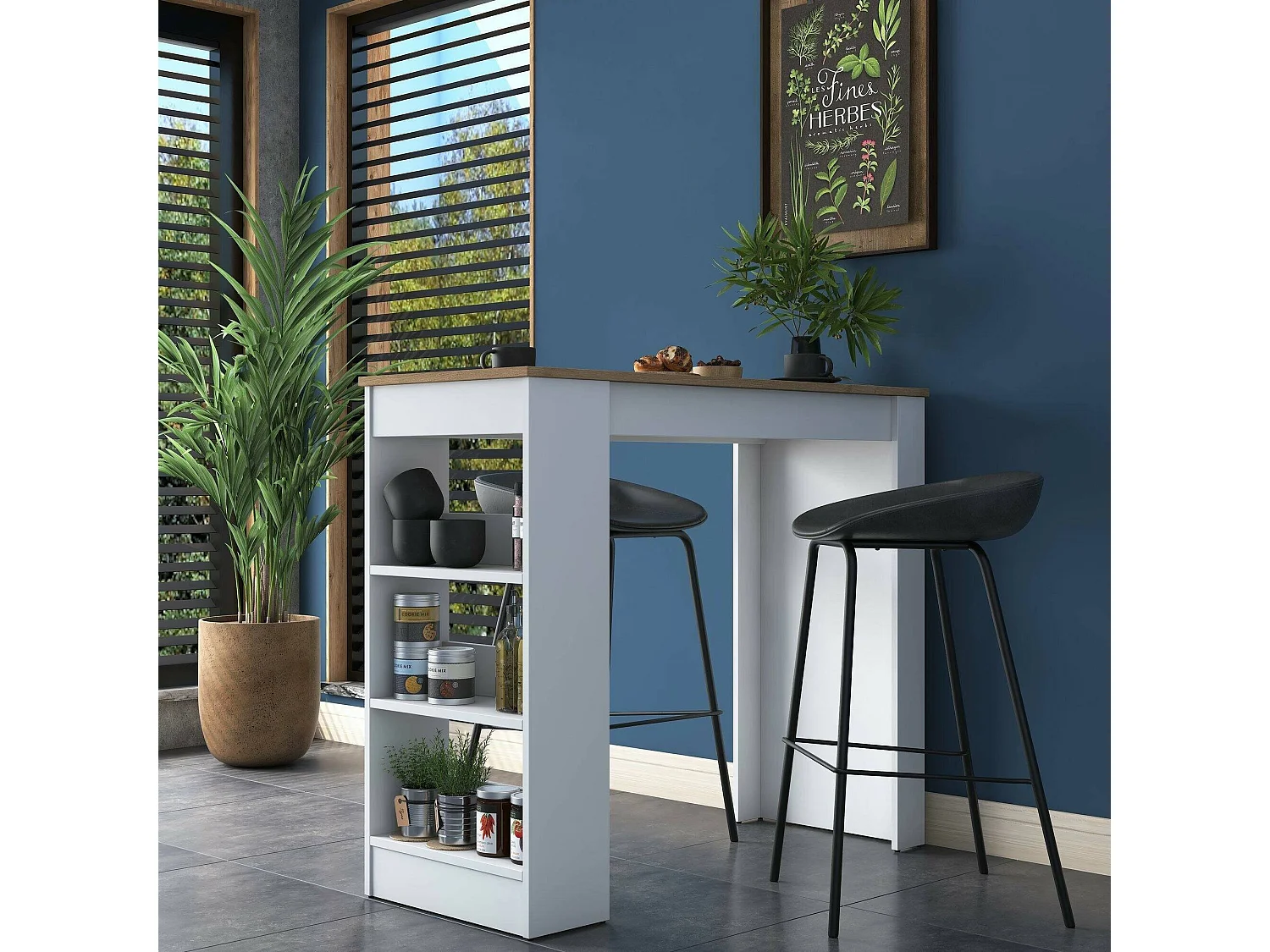 Table fixe Navi, Etagère de cuisine, Consolle à manger, Tablette rectangulaire fixe, 120x50h100 cm, Noyer et Blanc