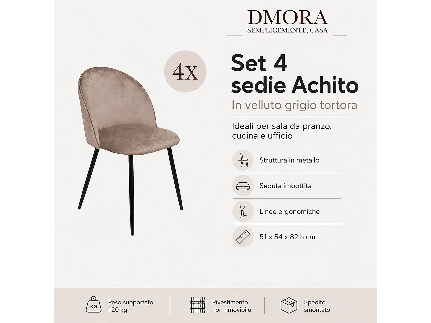 Juego de 4 sillas Dabruzzes, Sillón tapizado en terciopelo, Silla de comedor acolchada, Asiento para reuniones, 51x54h82 cm, Gris
