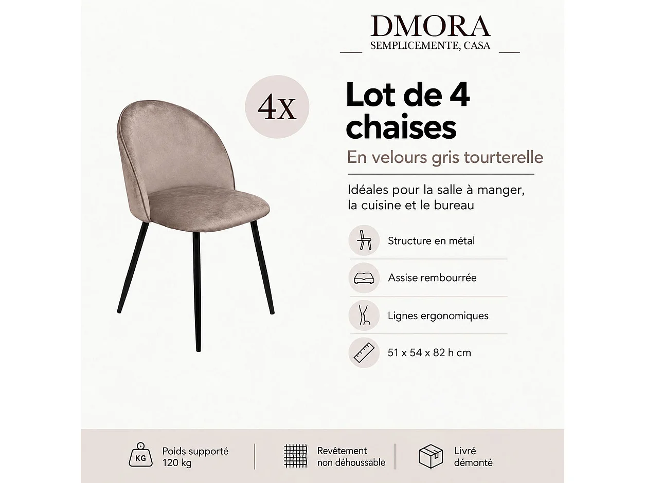 Ensemble de 4 chaises Stinson, Fauteuil recouvert de velours, Chaise de salle à manger rembourrée, Siège de réunion, 51x54h82 cm, Gris