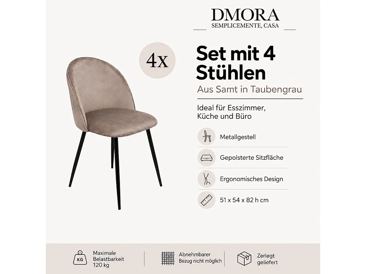Ensemble de 4 chaises Stinson, Fauteuil recouvert de velours, Chaise de salle à manger rembourrée, Siège de réunion, 51x54h82 cm, Gris