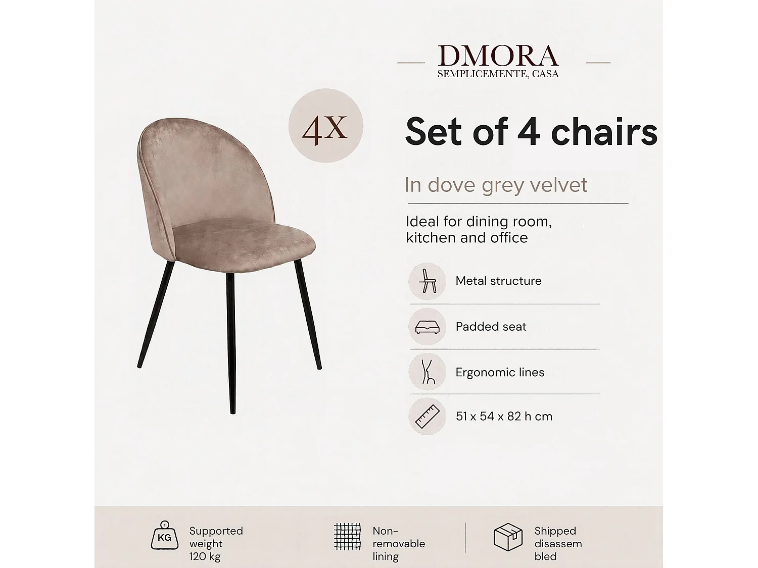 Juego de 4 sillas Dabruzzes, Sillón tapizado en terciopelo, Silla de comedor acolchada, Asiento para reuniones, 51x54h82 cm, Gris