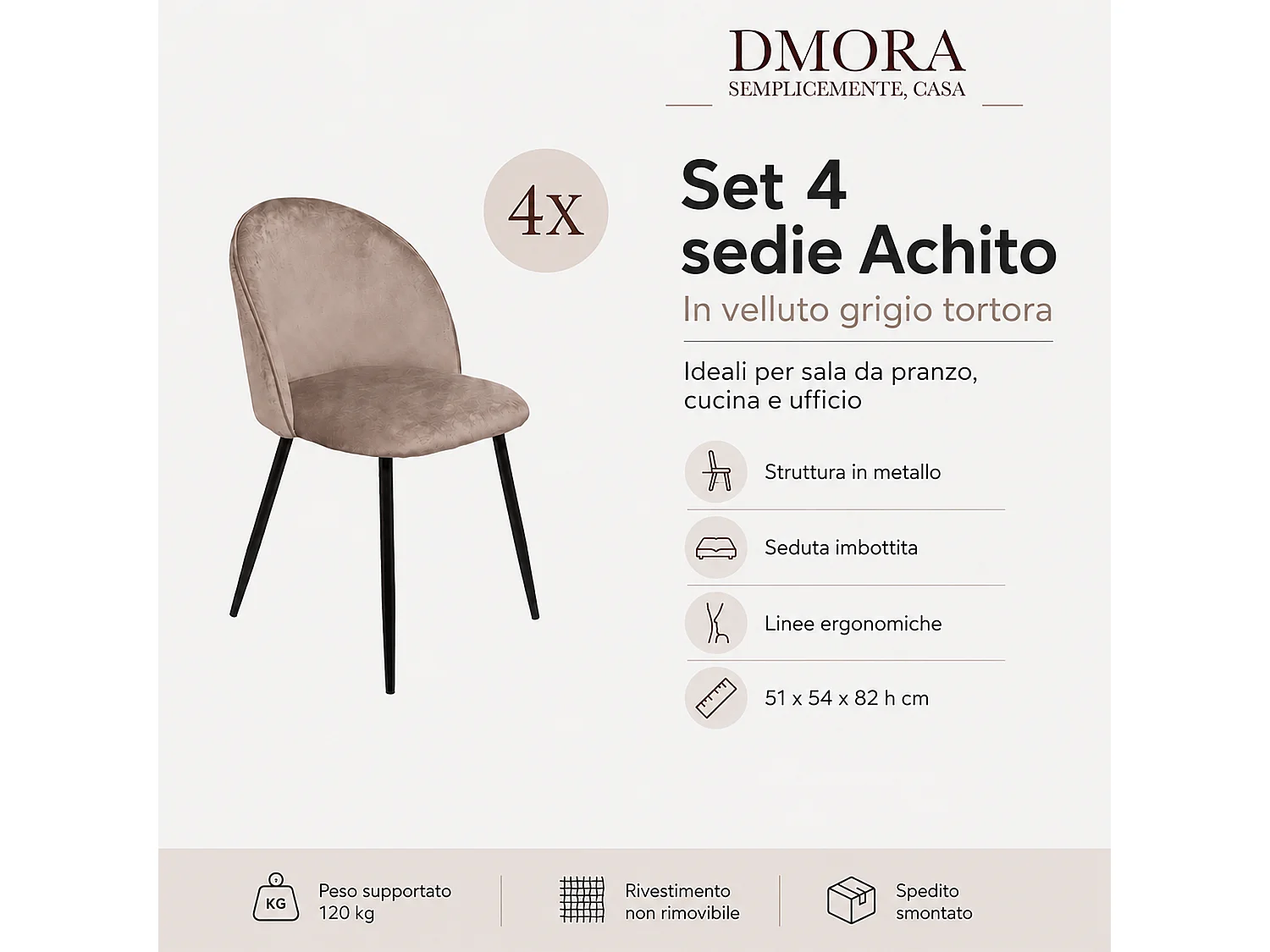 Ensemble de 4 chaises Stinson, Fauteuil recouvert de velours, Chaise de salle à manger rembourrée, Siège de réunion, 51x54h82 cm, Gris