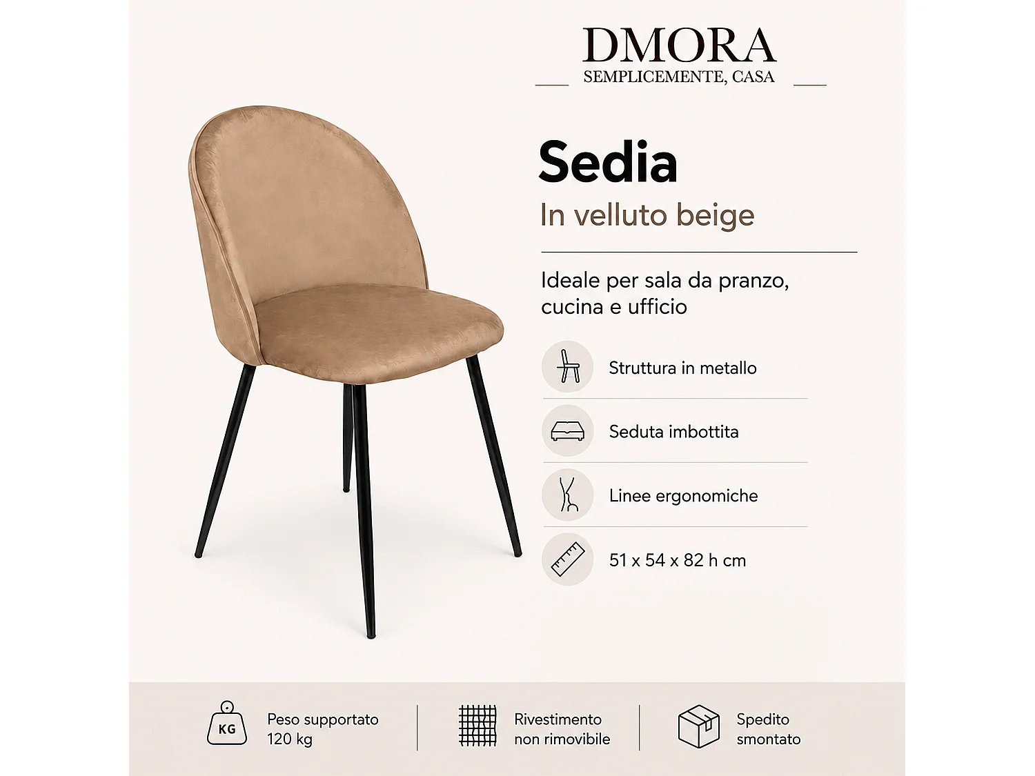 Cadeira Dabruzzes, Poltrona estofadaEm veludo, Cadeira de jantar estofada, Assento de reunião, 51x54h82 cm, Areia