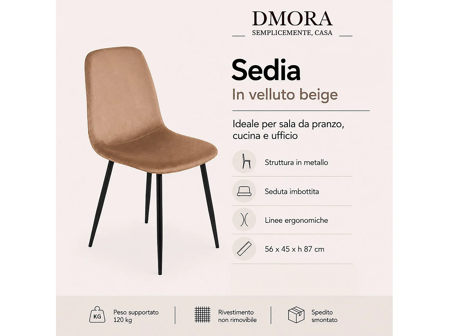 AlsDia Dacampor, Fluwelen gestoffeerde fauteuil, Gestoffeerde eetkamerstoel, Vergaderstoel, 45x56h87 cm, Zand