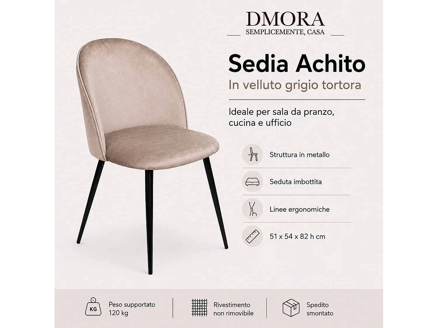 Chaise Stinson, Fauteuil recouvert de velours, Chaise de salle à manger rembourrée, Siège de réunion, 51x54h82 cm, Gris