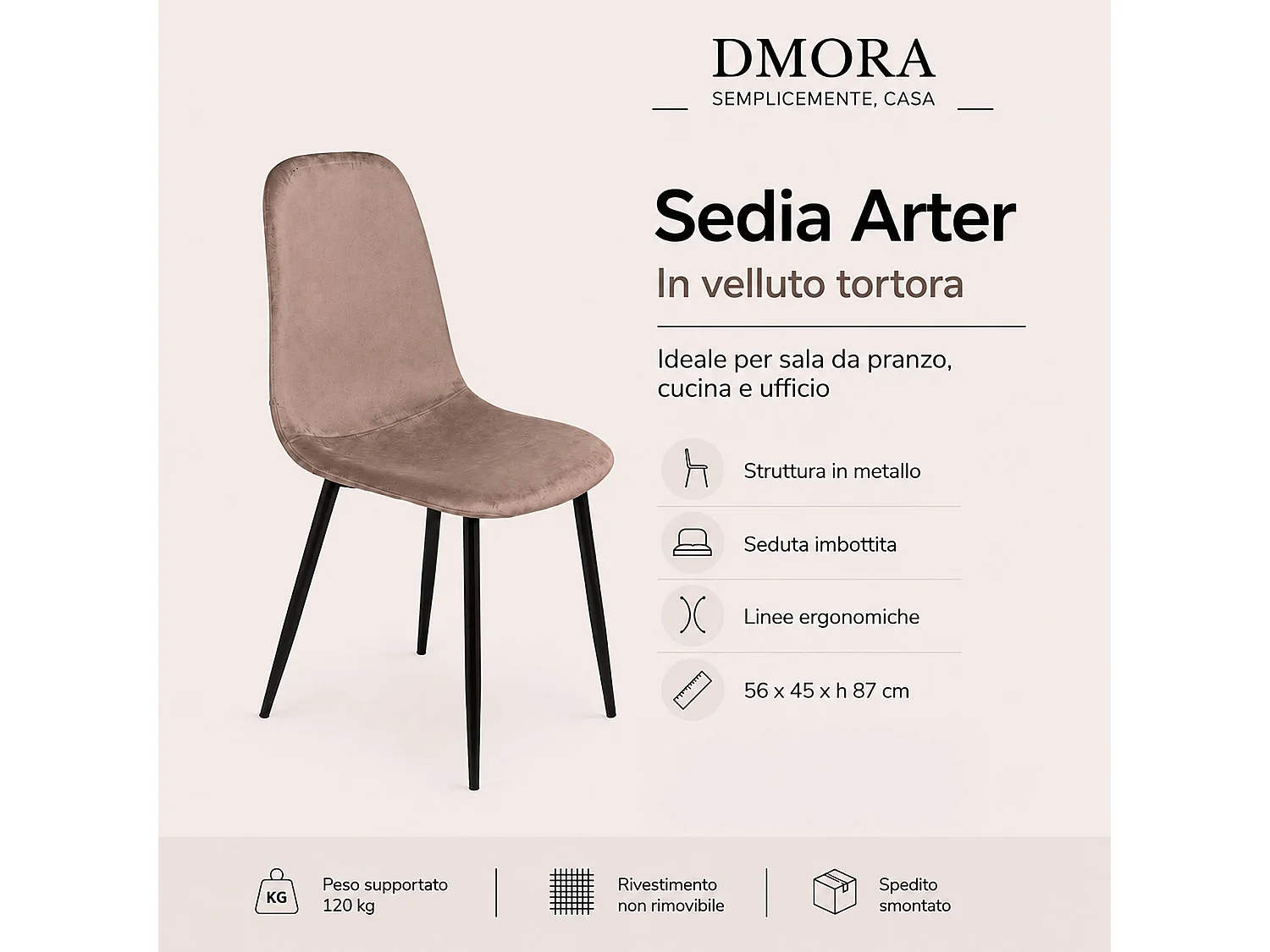 Cadeira Dacampor, Poltrona estofada em veludo, Cadeira de jantar estofada, Assento de reunião, 45x56h87 cm, Cinza