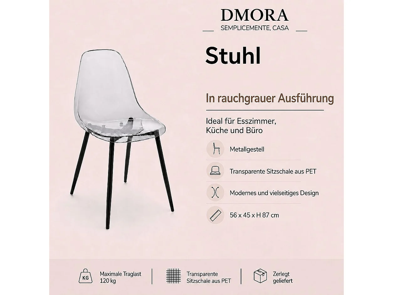 Dabdalhad Stoel, PET Fauteuil, Ergonomische Eetkamerstoel, Vergaderstoel, 53x46h81 cm, Fumé
