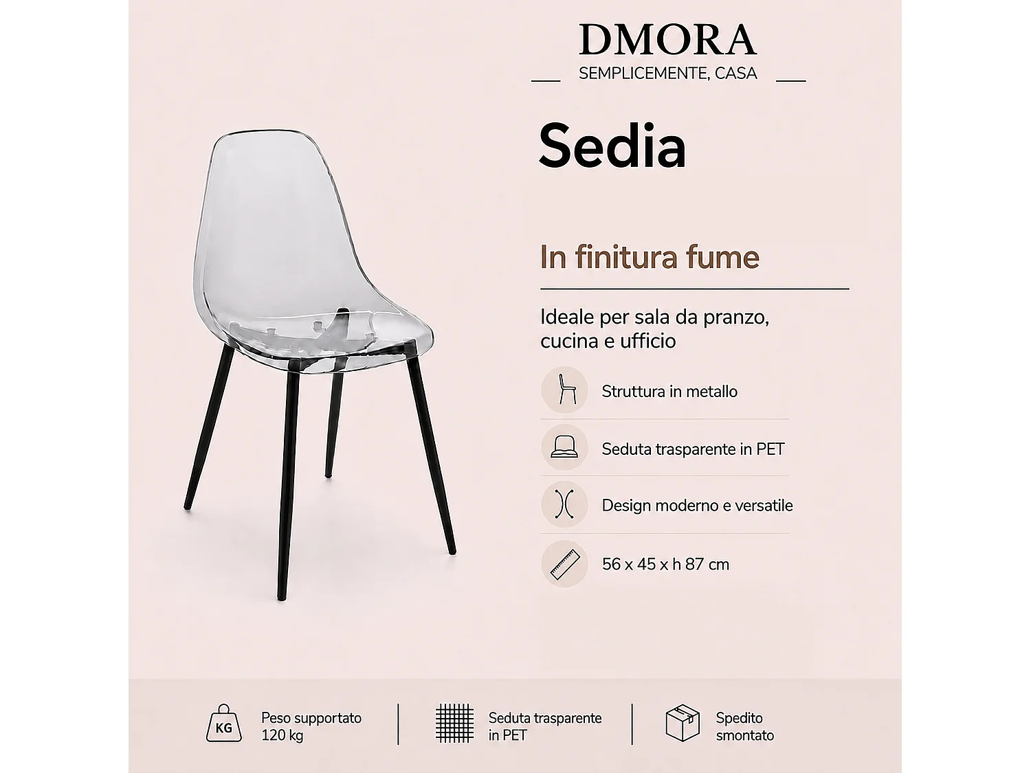 Dabdalhad Stoel, PET Fauteuil, Ergonomische Eetkamerstoel, Vergaderstoel, 53x46h81 cm, Fumé
