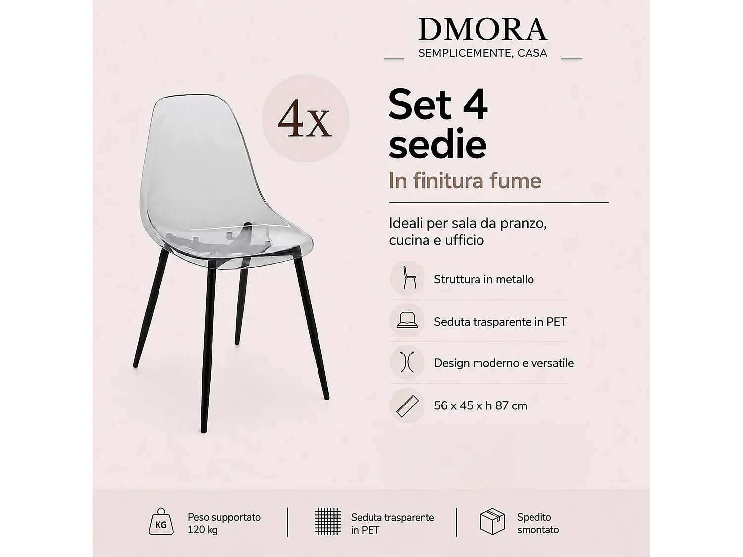 Lot de 4 chaises Agate, fauteuil PET, Chaise de salle à manger ergonomique, Siège de réunion, 53x46h81 cm, Fumée