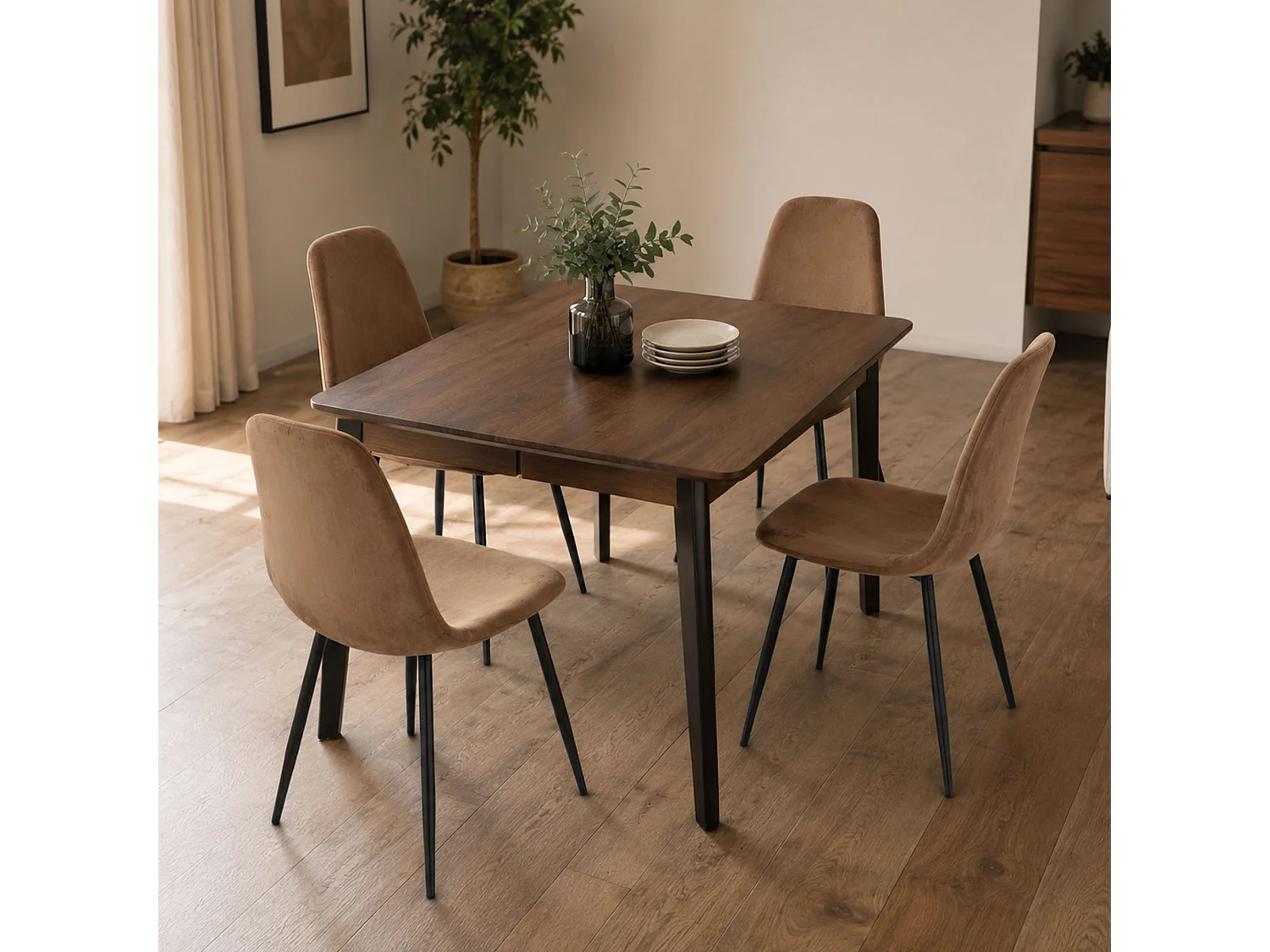 Ensemble de 4 chaises Pismo, Fauteuil recouvert de velours, Chaise de salle à manger rembourrée, Siège de réunion, 45x56h87 cm, Sable