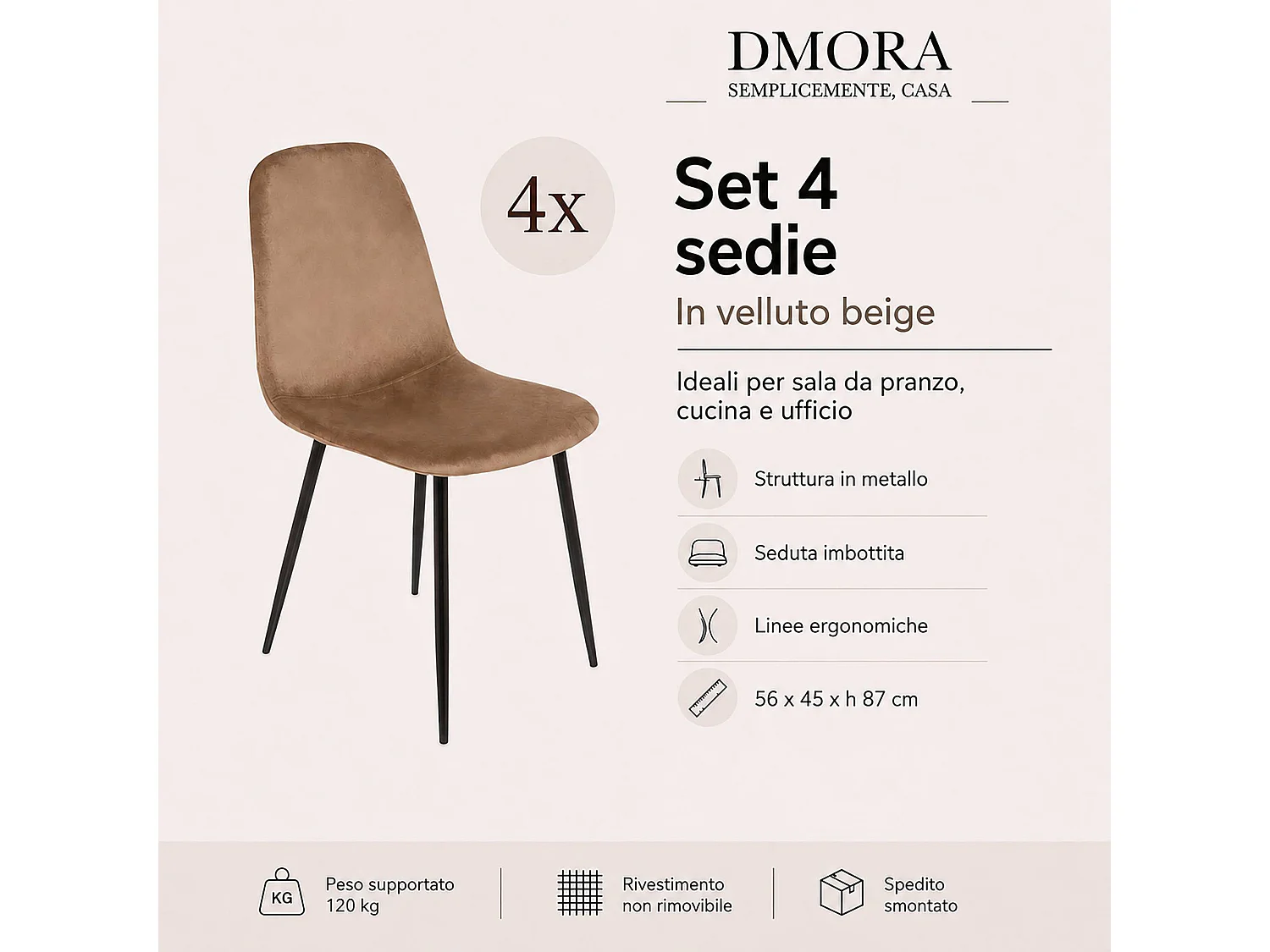 Ensemble de 4 chaises Pismo, Fauteuil recouvert de velours, Chaise de salle à manger rembourrée, Siège de réunion, 45x56h87 cm, Sable