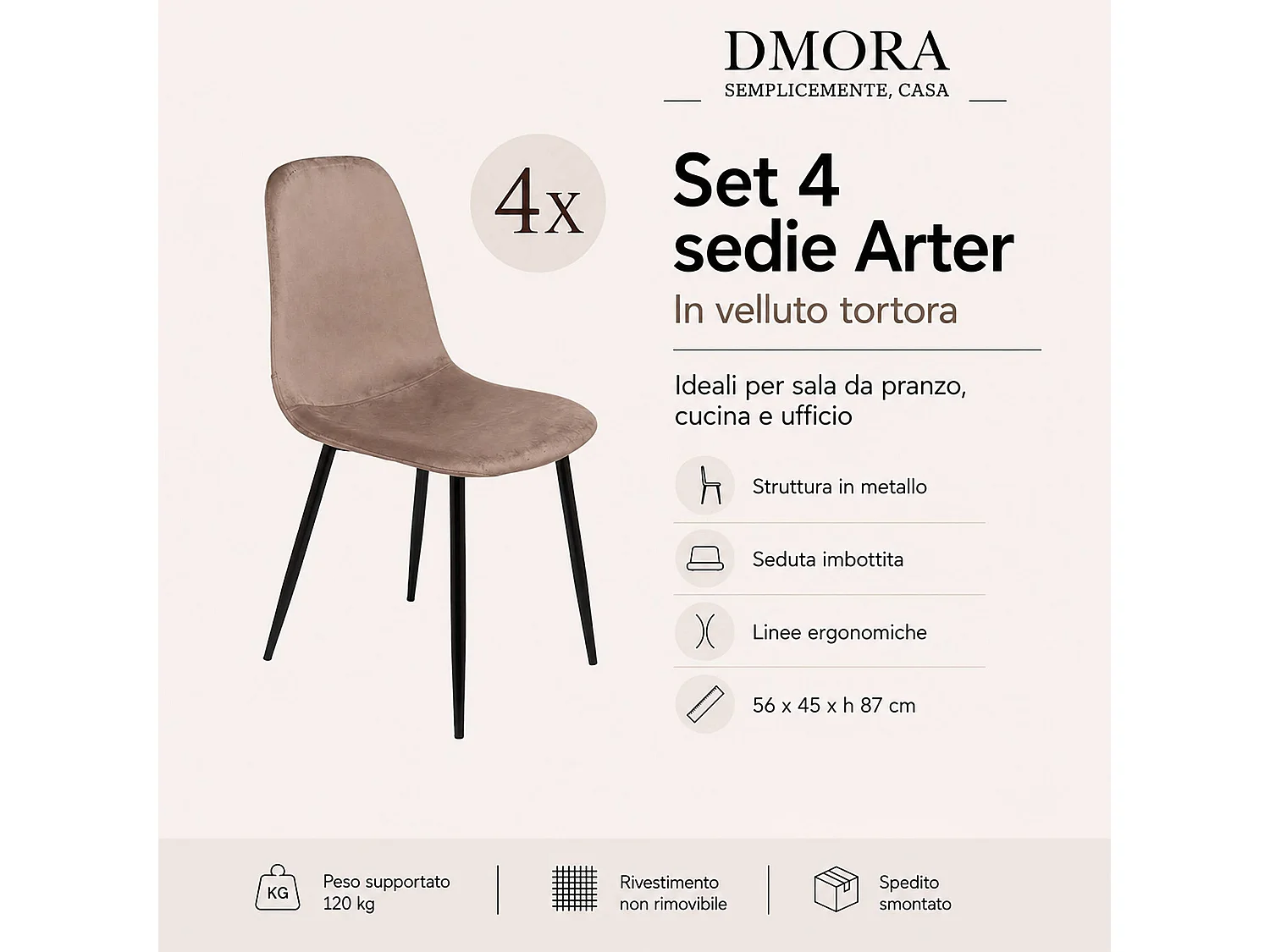 Conjunto de 4 cadeiras Dacampor, Poltrona estofada em veludo, Cadeira de jantar acolchoada, Assento de reunião, 45x56h87 cm, Cinza