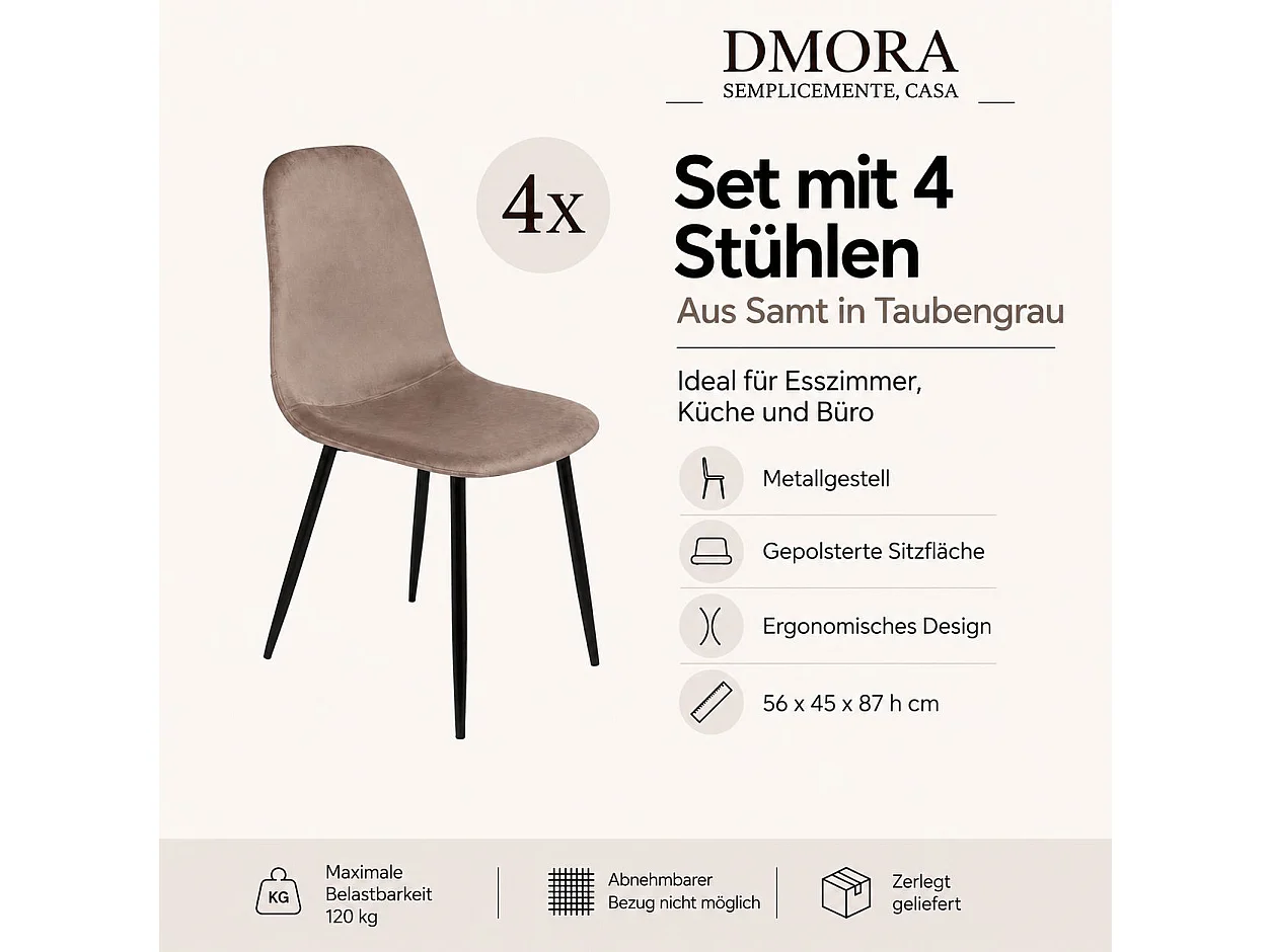 Set mit 4 Dacampor-Stühlen, Sessel mit Samtbezug, gepolsterter Esszimmerstuhl, Besprechungssitz, 45 x 56 x 87 cm, Grau