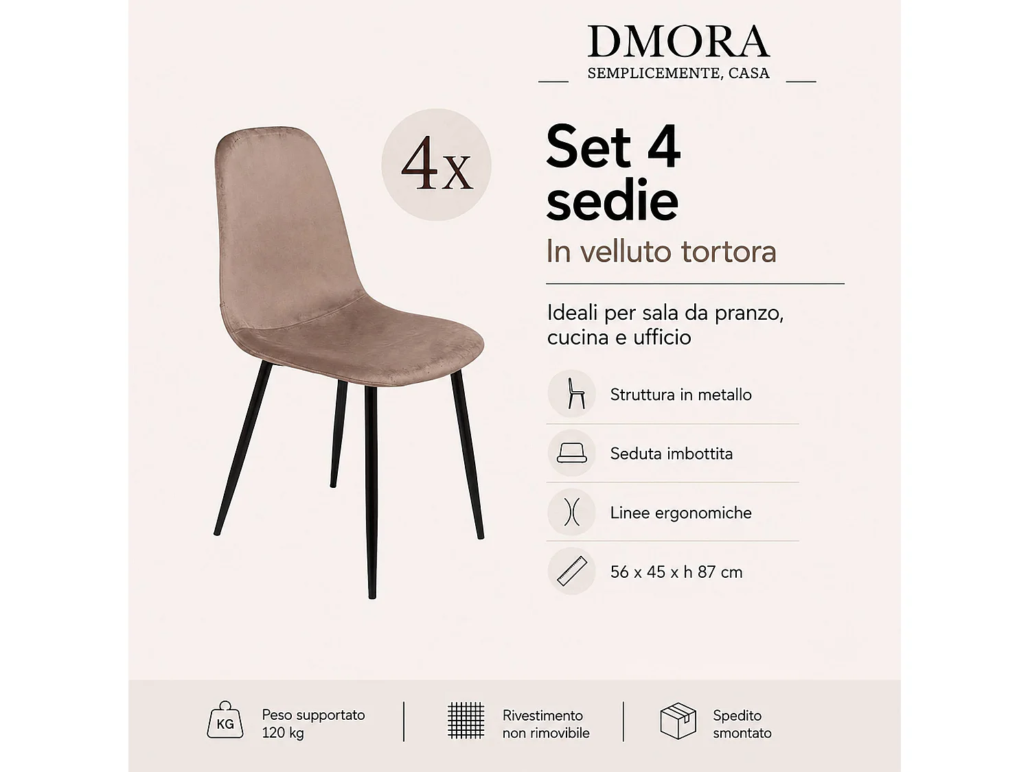 Set mit 4 Dacampor-Stühlen, Sessel mit Samtbezug, gepolsterter Esszimmerstuhl, Besprechungssitz, 45 x 56 x 87 cm, Grau
