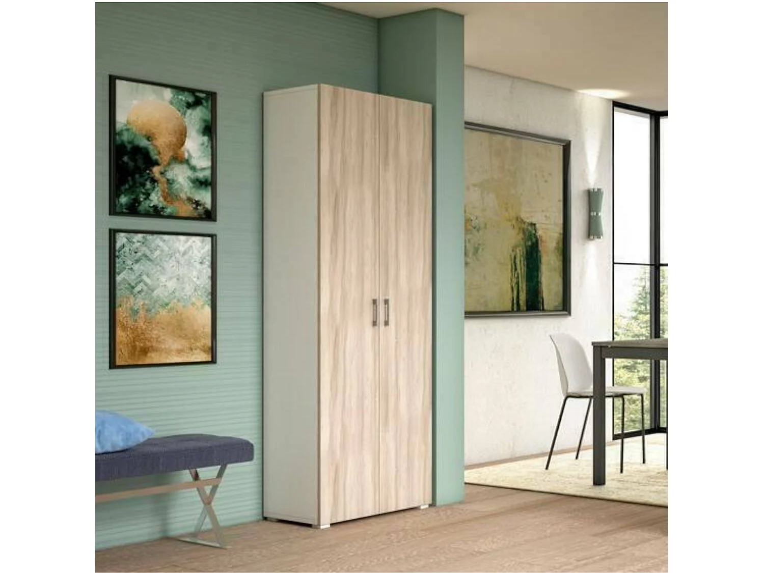 Armadio Multiuso Ginestra, Mobile lineare a 2 Ante battenti, Guardaroba a 6 Ripiani, Scarpiera Moderna, 100% Made in Italy, 72x37h195 cm, Olmo e Bianco