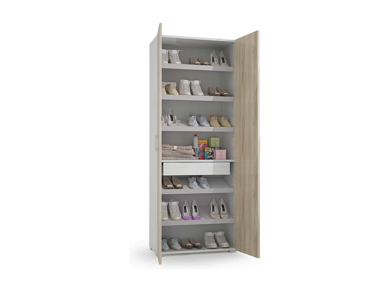 Armadio multiuso Ginestra, Mobile lineare a 2 Ante battenti, Guardaroba a 6 ripiani, Scarpiera moderna, 100% Made in Italy, 72x37h195 cm, Olmo e Bianco