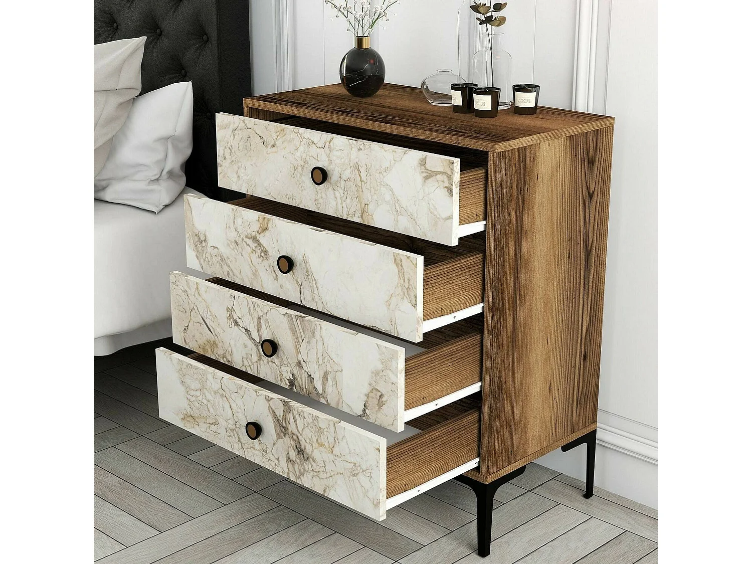 Commode Aether, Commode polyvalente, Commode de chambre, Meuble avec tiroirs, 76x40h91 cm, Noyer et Marbre Blanc