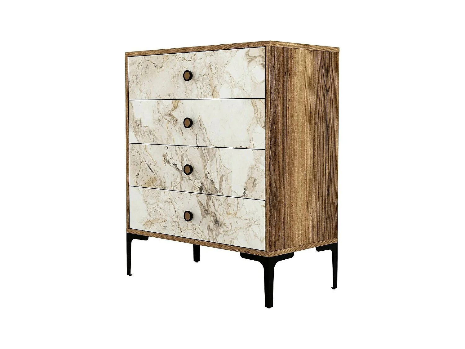 Commode Aether, Commode polyvalente, Commode de chambre, Meuble avec tiroirs, 76x40h91 cm, Noyer et Marbre Blanc