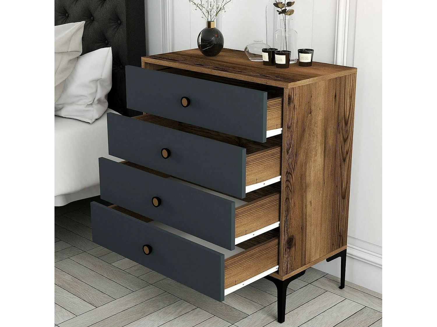 Kommode Daceitun, Mehrzweckkommode, Schlafzimmerkommode, Schrank mit Schubladen, 76x40h91 cm, Walnuss und Anthrazit