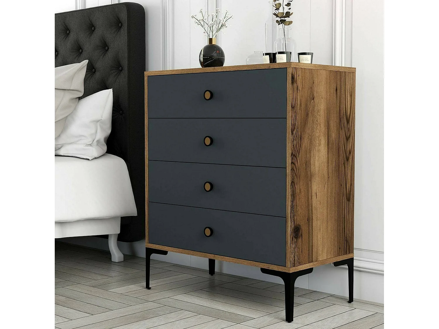 Commode Aether, Commode polyvalente, Commode de chambre, Meuble avec tiroirs, 76x40h91 cm, Noyer et Anthracite
