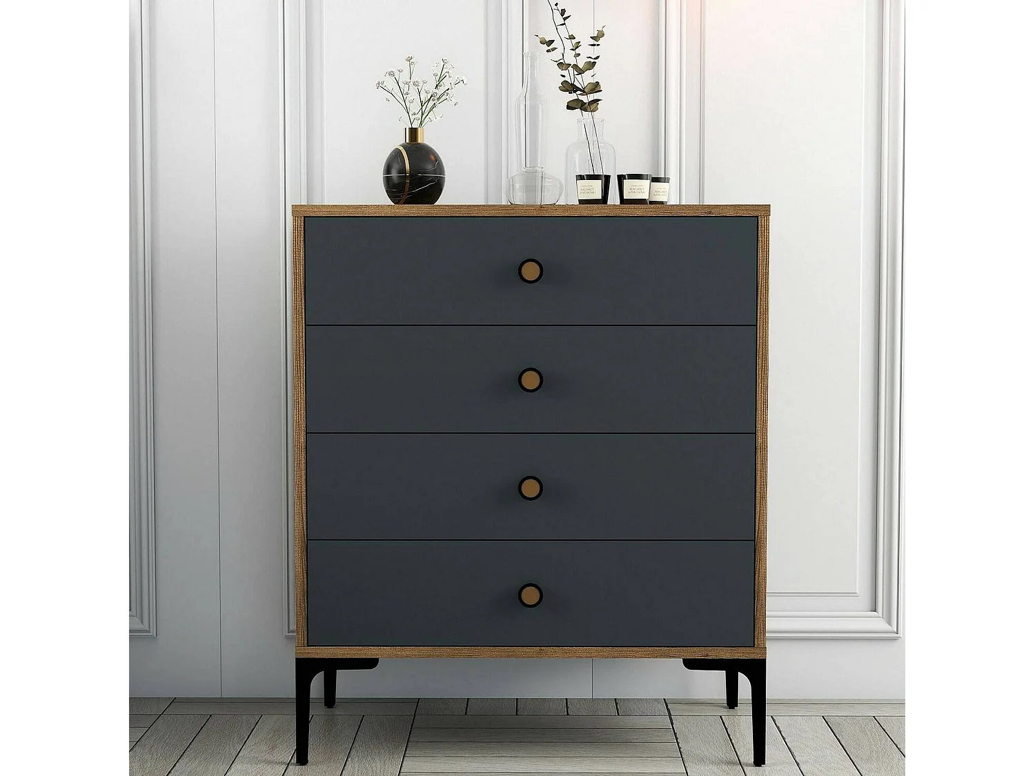 Commode Aether, Commode polyvalente, Commode de chambre, Meuble avec tiroirs, 76x40h91 cm, Noyer et Anthracite