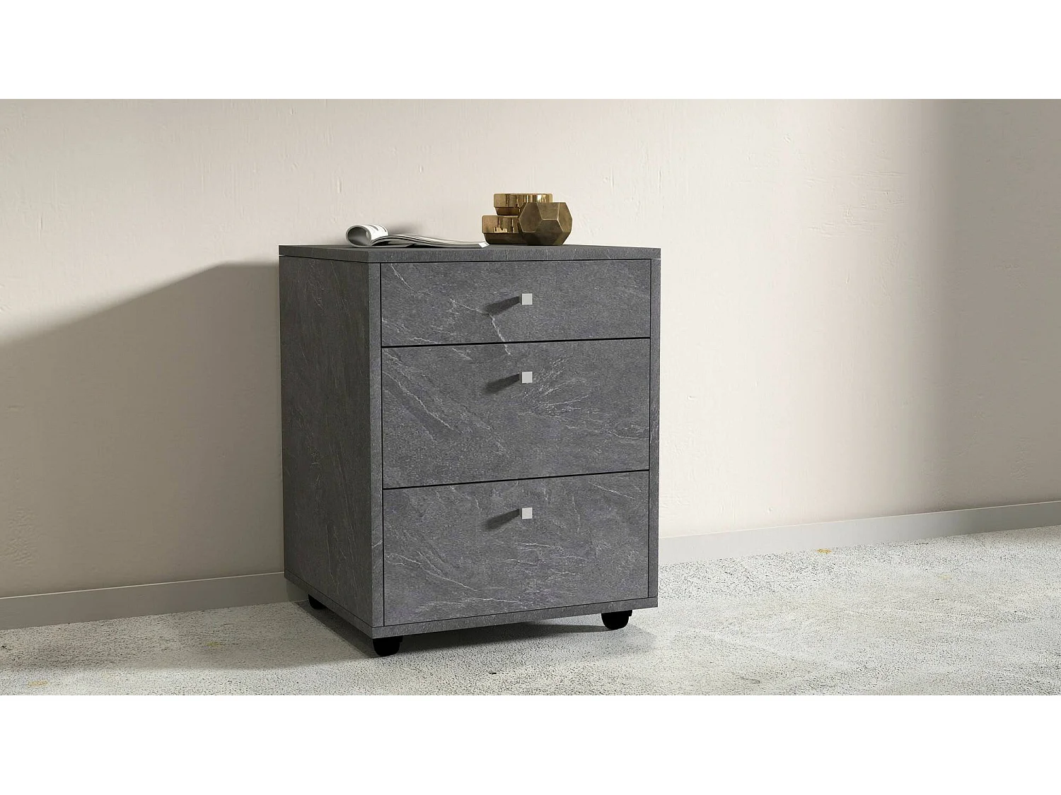 Commode Yorgos, Commode de chambre à coucher, Commode avec 3 tiroirs, 47x45h61 cm, Ardoise