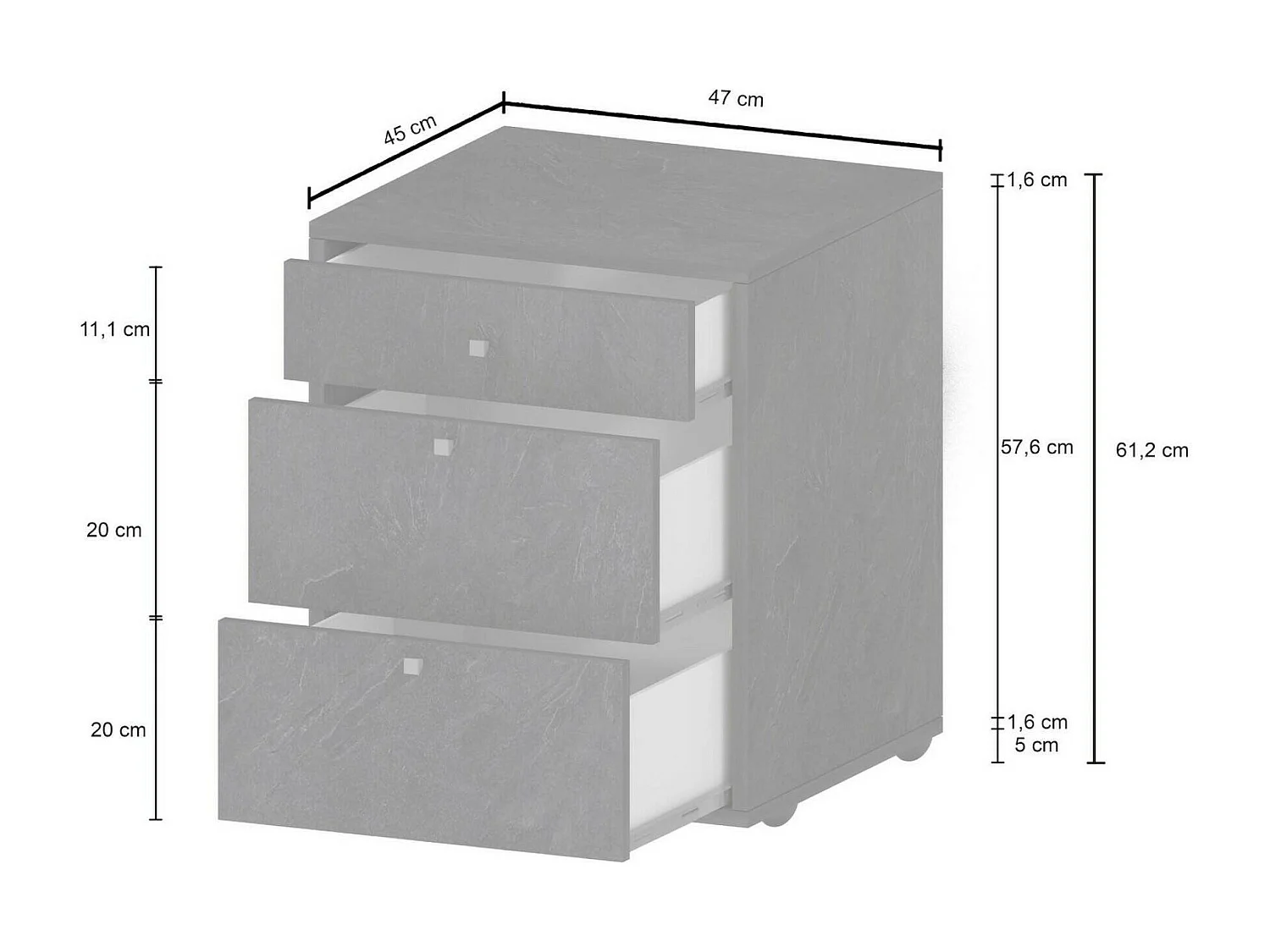 Commode Yorgos, Commode de chambre à coucher, Commode avec 3 tiroirs, 47x45h61 cm, Ardoise