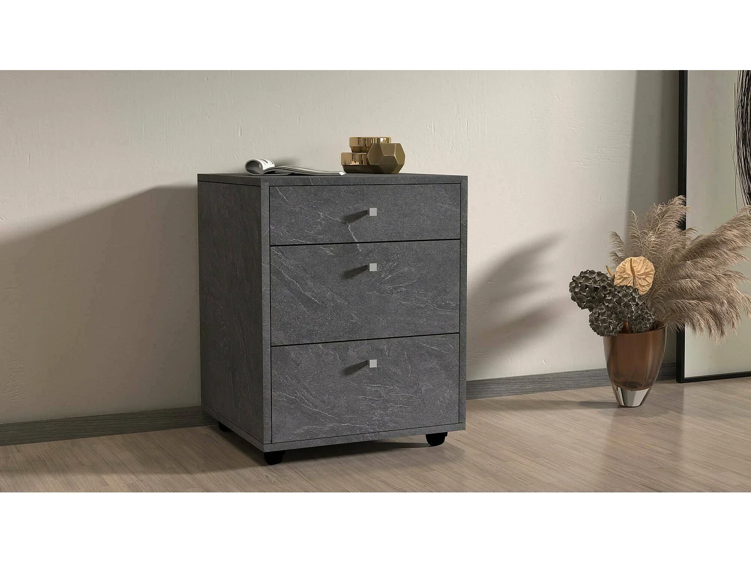 Commode Yorgos, Commode de chambre à coucher, Commode avec 3 tiroirs, 47x45h61 cm, Ardoise