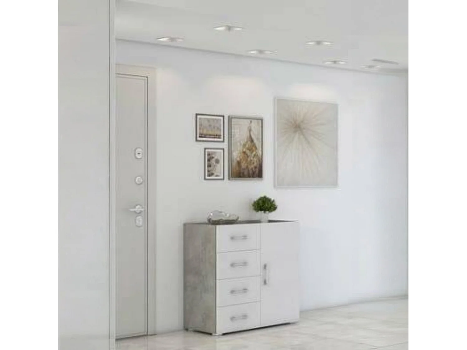 Violetta dressoir, Buffetkast met 1 deur en 4 laden, Woonkamerdressoir, Multifunctionele kast met planken, 100% Made in Italy, 90x41h87 cm, Wit en Cement