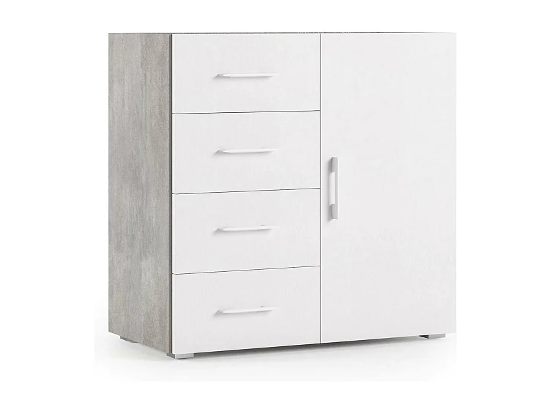 Buffet Violetta, Buffet avec 1 porte et 4 tiroirs, Buffet de salon, Armoire polyvalente avec étagères, 100% Made in Italy, 90x41h87 cm, Blanc et Ciment
