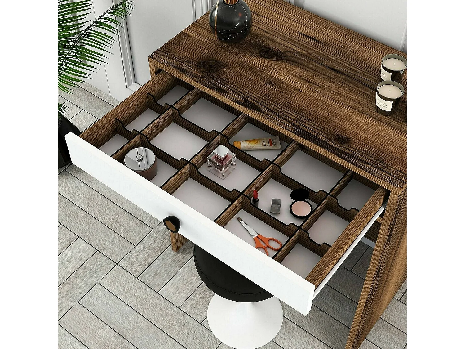 Consola Dpillo, Mesa multiusos, Gabinete de soporte, Escritorio de pasillo, 70x85 h40 cm, Nogal y Blanco