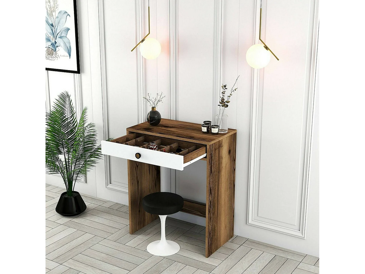 Dpillo console, Multifunctionele tafel, Steunkast, Gangbureau, 70x85h40 cm, Walnoot en Wit